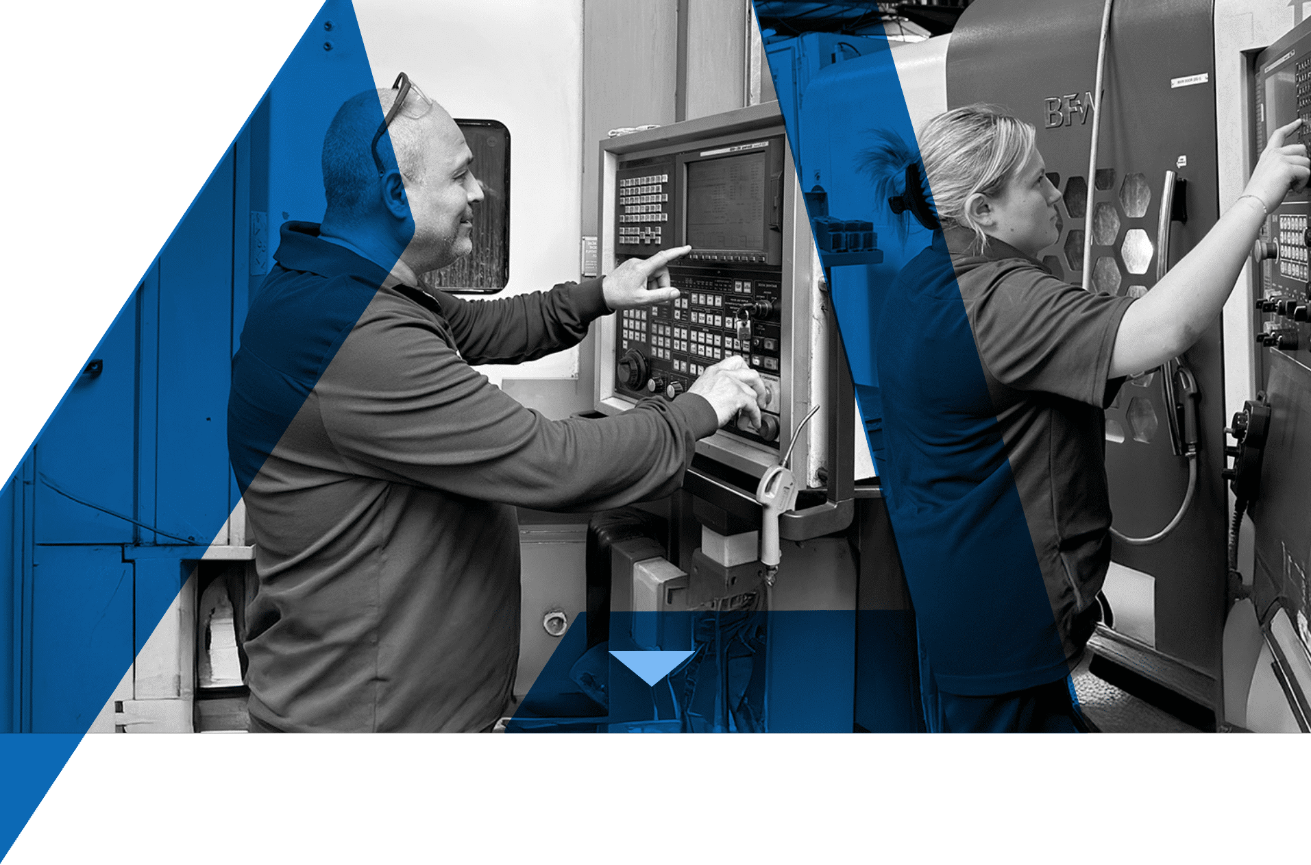 Techniciens en mécanique générale opérant sur des centres d'usinage dans un atelier